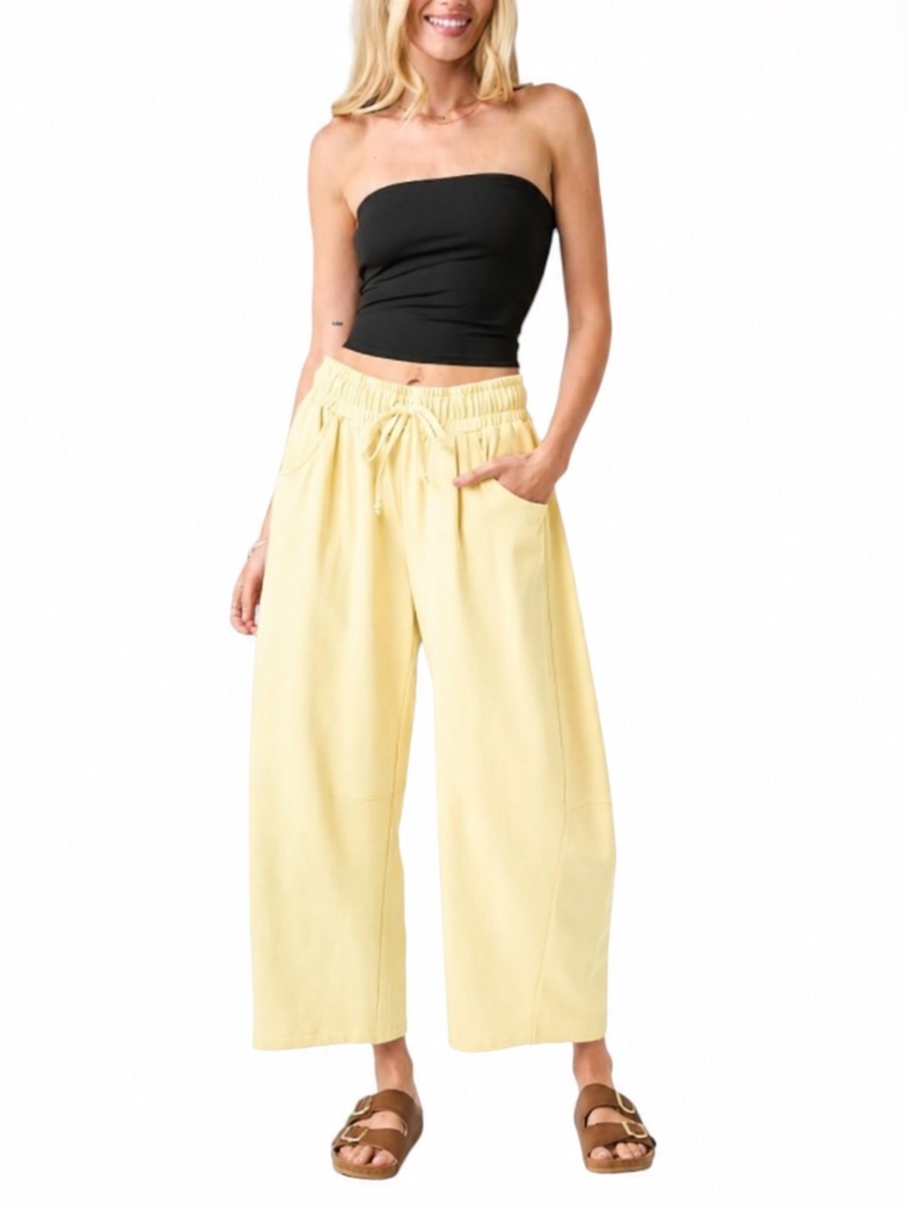 mittoshop Pale Yellow Barrel Wide Leg Drawstring Pants